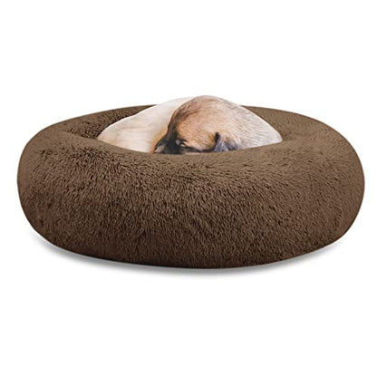 SAVFOX 20 inches Calming Donut Dog Bed - 3X Durable Plush Faux Fur, Machine Washable & Non-Slip, Fits up to 15 lbs, Brown - color: Brown, size: X-Small | 20"x20"