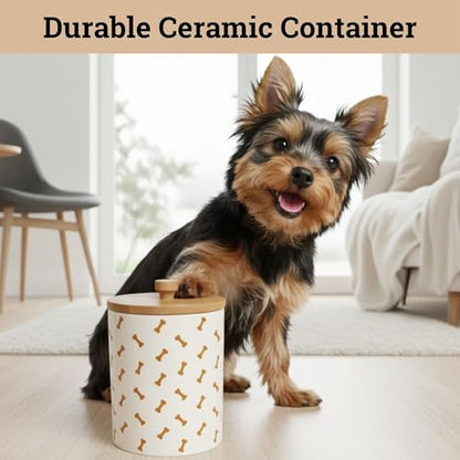 Dog Treat Container Airtight - 5 Inch Wide x 6.4 Inch Tall Ceramic Dog Treat Jar for Kitchen Counter with Airtight Bamboo Lid - 4 Cup Capacity Pet Treats Container - Doggie Cookie Jar Treats Canister