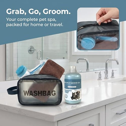 [Zmonap] Dog Cat Bath Brush Kit with Soap Dispenser, 250ML Gentle Pet Shower Gel, Super Absorbent Quick Dry Towel & Waterproof Storage Bag, All-in-One Pet Grooming Bathing Supplies for Indoor Outdoor