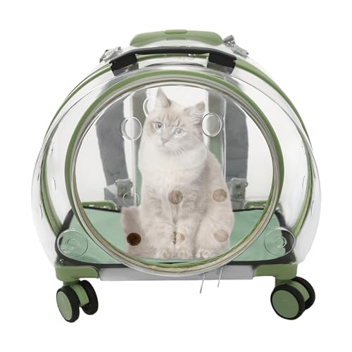 Cat Backpack Carrier, Transparent & Fully Breathable Hard cat Carrier with Rolling Wheels for Kitty Small Dog up to 19lbs, Multiple Carrying Options, Perfect for Travel Hiking, Green, Clear