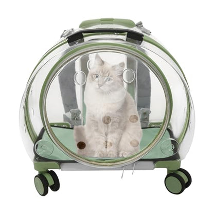 Cat Backpack Carrier, Transparent & Fully Breathable Hard cat Carrier with Rolling Wheels for Kitty Small Dog up to 19lbs, Multiple Carrying Options, Perfect for Travel Hiking, Green, Clear