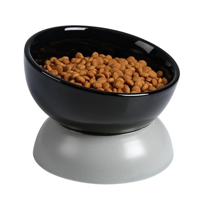 ABRUTY Cat Water Bowl, 16 OZ Ceramic Elevated Cat Bowls, 15° Tilted and Raised Pet Food Dish, Anti Vomiting Protect Pets' Spines and Whisker Fatigue, Black & Gray - color: Black & Gray, size: 1 Pack