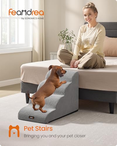 Feandrea 4-Step Dog Stairs, Dog Steps for Bed, Sofa, Waterproof Pet Stairs with Anti-Slip Designs, Gentle Slope, Removable Washable Cover, Handle, Dove Gray UPPS004G01 - size: 4-Step