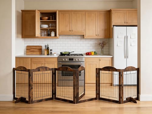 Vantas 144 x 30 inches Foldable Wooden Pet Gate with Door, Rustic Brown | Walk-Through Easy, Freestanding, Extra Wide, Easy Storage, Easy to Move - color: Rustic Brown, size: 【6-Panel with Door】144"W x 30"H