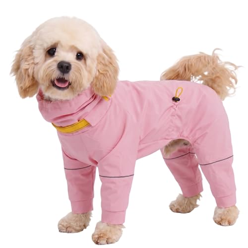 Kouser Waterproof Full-Body Coverage Dog Raincoat, Pink XS | Dog Raincoat with Reflective Stripes, Adjustable Dog Rain Jacket with Leash D-Ring, Hooded Poncho for Small Medium Large Dogs - color: Pink, size: X-Small(Back Length:9.84")