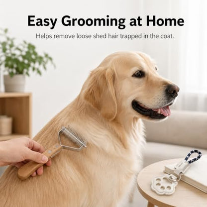 2-in-1 Dog Undercoat Rake and Dematting Tool - Durable Stainless Steel Deshedding Brush with Ergonomic Wooden Handle - Grooming Rake for Long Haired Cats & Dogs with Hair Keepsake Keychain(L)
