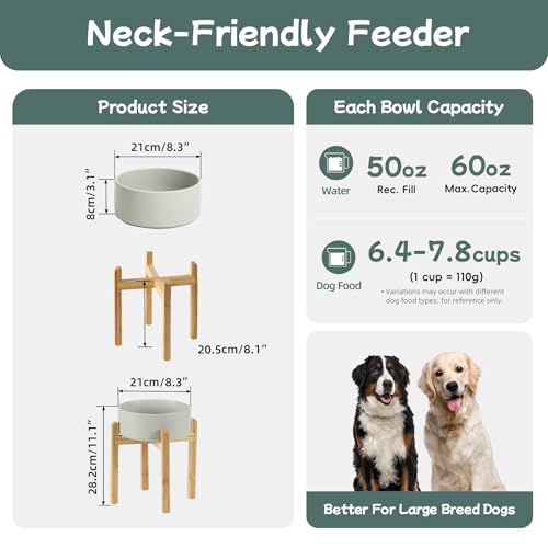Havniva 8.3” Dog Bowls Elevated Ceramic Dog Food and Water Bowl, Raised Dog Water Bowl with Stand Non-Slip Rubber Base Large Capacity Feeding Pet Food Bowl for Large Dogs - color: Matte Gray - Bowl+Stand, size: 8.3 Inch