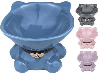 Cat Bowl Elevated Cat Bowls Whisker Friendly Cute Ceramic Tilted Food Bowls for Indoor Cats 5.4 Inch Wide 15° Raised Kitten Supplies Dishwasher and Microwave Safe Blue Cats Water Bowl - color: Blue Cute Ceramic Cat Food Bowl