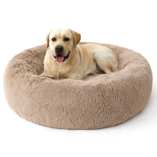 Bedsure SupportMax™ Calming Dog Bed for Extra Large Dogs - 45in Donut Washable Large Pet Bed, Anti-Slip ＆Removable Cover,420GSM Round Anti-Anxiety Fluffy Plush Faux Fur, Fits up to 100lbs Pets - color: Camel, size: XL(42x42x9)