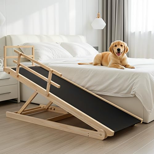 SLSY Dog Ramp for Beds & Couches, Upgraded Folding Adjustable Ramp with Non-Slip Rubber Mat, 55" Long, 5 Heights (15.7"–27.5"), Portable Wooden Step Supports Up to 220 lbs for Dogs & Cats (Natural) - color: Natural, size: L for 27.5''H Bed