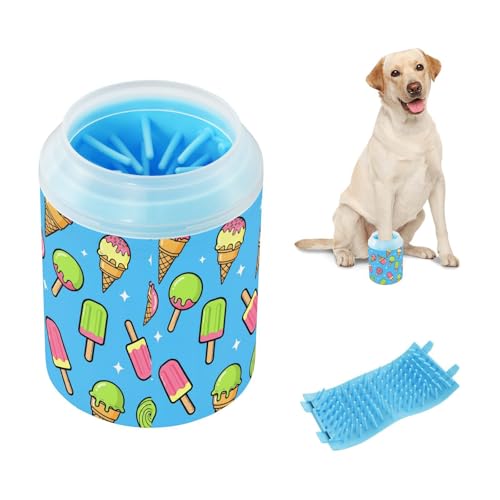 Ice Cream Blue Print Dog Paw Cleaner Cup with Soft Silicone Brush, Portable Lightweight Small Muddy Paw Washer for Dogs, Easy to Use Pet Foot Cleaner