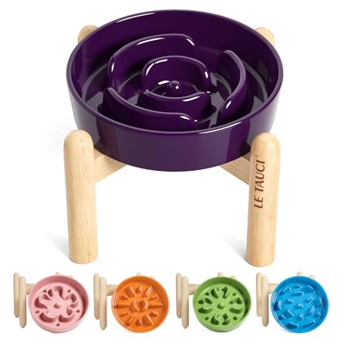LE TAUCI Ceramic Slow Feed Dog Bowls, Elevated for Small Breeds, Anti-Gulping, Non-Slip, 6 inch, Purple - color: Maze Purple+Stand, size: S-0.6 Cups