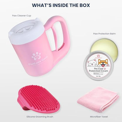 Dog Paw Cleaner, Paw Washer Cup with Soft Silicone Bristles, Portable Dog Foot Washer, 4-in-1 Paw Cleaner Kit with Paw Balm, Microfiber Towel & Grooming Brush (Pink Small) - color: Pink, size: Small