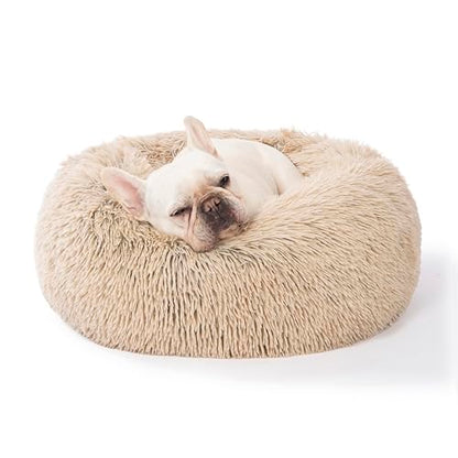 SAVFOX 23 inches Calming Donut Dog Bed - 3X Durable Plush Faux Fur, Machine Washable & Non-Slip, Fits up to 25 lbs, Beige - color: Beige, size: Small | 23"x23"