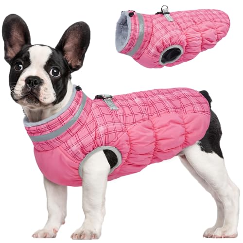 FUAMEY Dog Coat for Small Dogs,Waterproof Dog Winter Jacket with Harness Built in Puppy Cold Weather Coats Reflective Pet Vest with Zipper Warm Fleece Dogs Snowsuit Windproof Rose Plaid XS - color: Rose Plaid, size: XS(chest:14in)