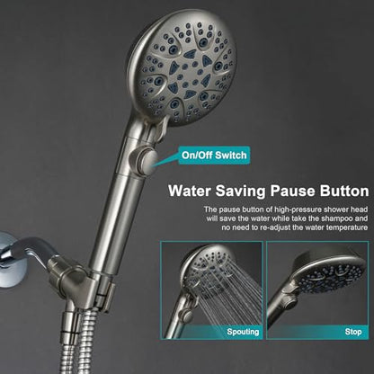 GwernKB Brushed Nickel Shower Heads Handheld with On Off Switch,8-Mode High Pressure Shower Wand with 79In Stainless Steel Hose&Bracket PLUS Low-Reach Adhesive Wall Mount Holder for Kids&Elderly - color: Brushed Nickel