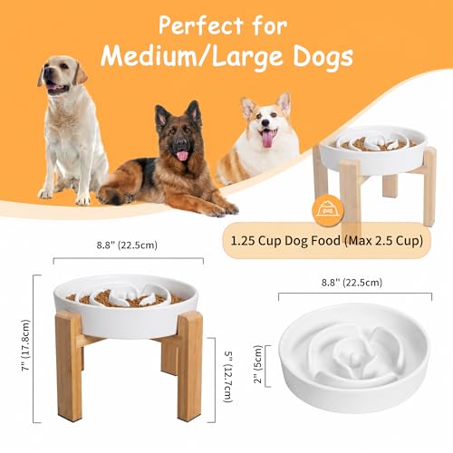 Elevated Slow Feeder Dog Bowl Large Breed, 8.8 Inch Ceramic Slow Eating Bowl with Screw-Assembled Bamboo Stand, Anti-Choking Raised Maze Design for Medium to Large Dogs, 3.2 Cup, White - color: White, size: 3.2 Cup（Screw Style）