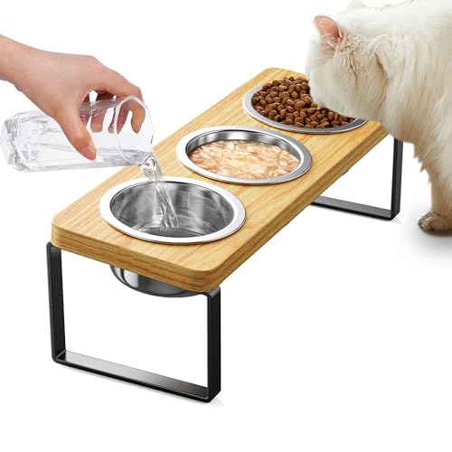Elevated Cat Bowls with 3 Stainless Steel Bowls | 10° Tilted Anti-Vomiting Raised Cat Food Bowl for Small Cats and Puppies Pet Bowl with Stand - color: Bamboo