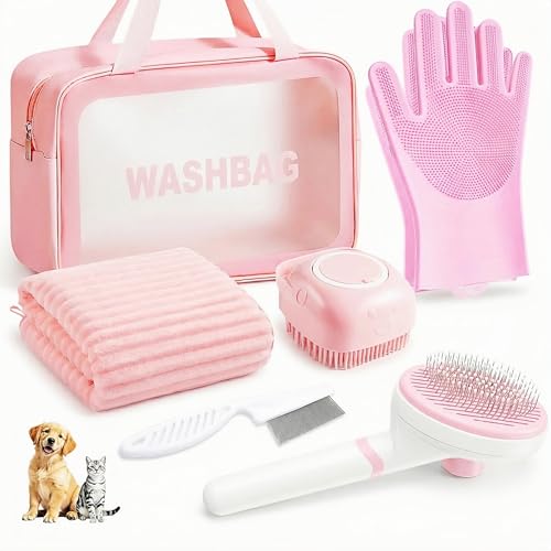 6PCS Dog Bath Kit & Dog Brush Kit for Dogs & Cats - Professional Pet Grooming Tools Set with Shedding Brush, Bath Scrubber, Dematting Comb & Storage Bag - Complete Dog Washing Essentials, Pink - color: 6PCS-Pink