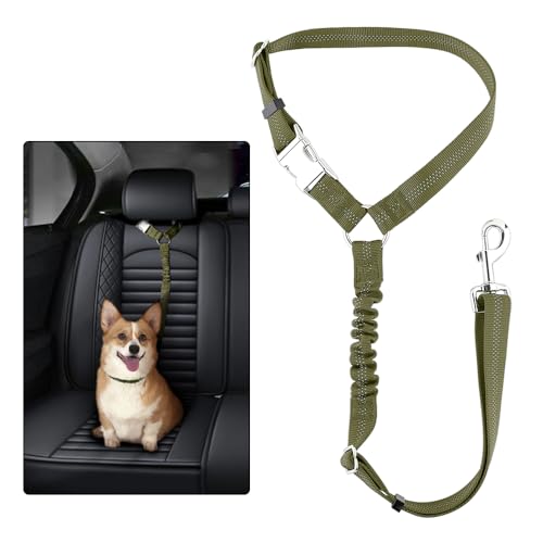 Plutus Pet Dog Seat Belt for Car Headrest, Reflective and Adjustable Restraint with Elastic Bungee for Safety, Vehicle Seatbelt Harness for Small Medium Large Dogs and Cats, Ranger Green - color: Ranger Green