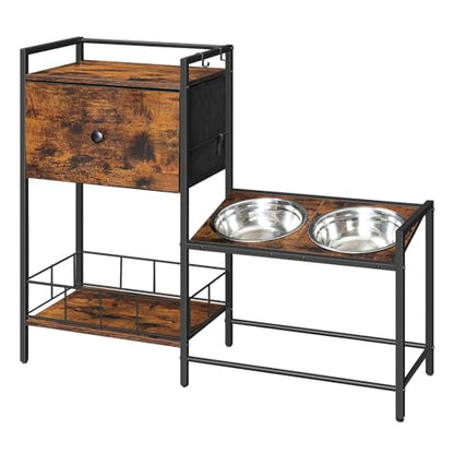 HOOBRO Elevated Dog Bowls Stand with Drawer, Height Adjustable Raised Feeding Station Cabinet with Storage Basket, 4-IN-1 Pet Storage Organizer for Large Medium Breeds, Rustic Brown and Black BF22PO03