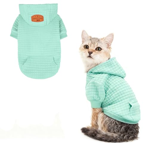 BEAUTYZOO Small Dog Hoodie Sweater with Pockets, Dog Clothes for Small Medium Dogs Boy Girl, Waffle-Like Laminated Cotton Pet Coats with Hat and Leash Hole, Mint Green XXS - color: Mint Green, size: XXS (Back: 8",Chest: 10", Neck: 7.5")