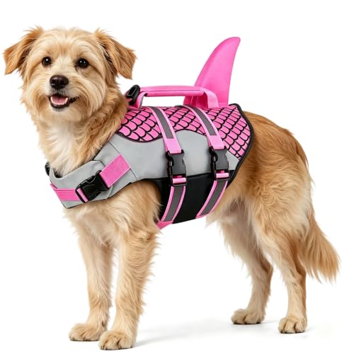 Dog Life Jacket,Shark Pattern High Buoyancy Adjustable Swim Vest with Rescue Handle,D-Ring&Reflective Strips for Boating Swimming Beach (Fish Scales/Rose red, X-Small)