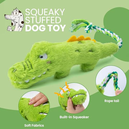 Squeaky Plush Crocodile Dog Toy with a Rope Tail,Crinkle Stuffed Dog Toy Keep Them Busy Tug of War Training Play, Dog Chew Toys for Small Dogs (Green)