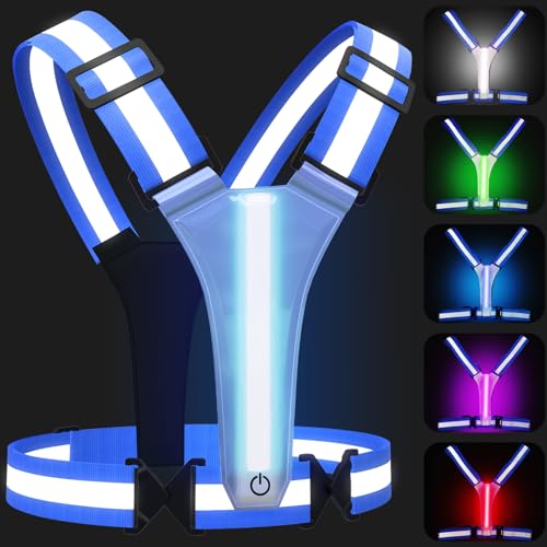 LED Reflective Vest Running Gear, 5 Colors Lights Up Running Vest for Night Walking Cycling Jogging, Adjustable Size for Men Women, Rechargeable and High Visible - color: Blue