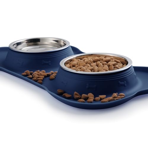 Hubulk Pet Dog Bowls 2 Stainless Steel Dog Bowl with No Spill Non-Skid Silicone Mat + Pet Food Scoop Water and Food Feeder Bowls for Feeding Small Medium Large Dogs Cats Puppies (Small, Navy Blue) - color: Navy Blue, size: Small
