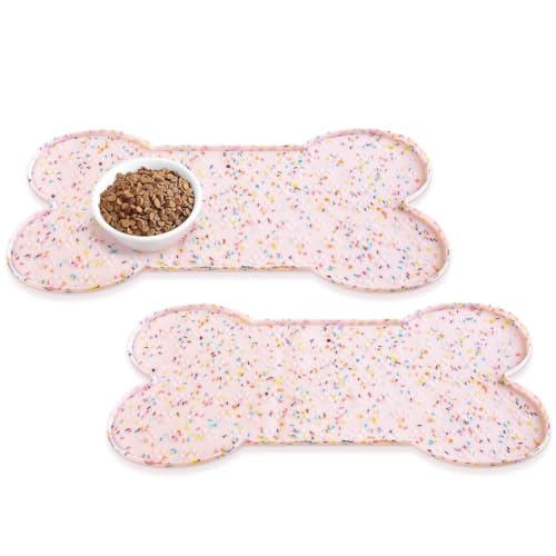 PWTAA Dog Food Mat Anti-Slip Silicone Dog Bowl Mat Thicker Pet Placemat Waterproof Cat Feeder Pad with Raised Edge Puppy Kitten Feeding Mats Suitable Small Medium-Sized Dogs Cats Eating Tray - 2PCS - color: Donut Pink, size: 19.4" x 9.8"-2PCS