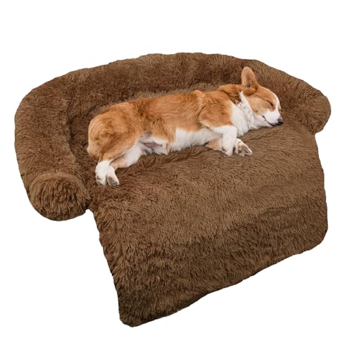 GGIB Calming Dog Bed Fluffy Plush Dog Mat for Furniture Protector with Removable Washable Cover for Large Medium Small Dogs and Cats (Medium, Brown) - color: Brown, size: 41.0"L x 37.0"W x 6.0"Th