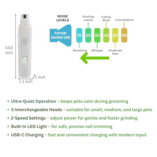 Dog Nail Grinder with LED Light – Quiet Rechargeable Pet Nail Trimmer for Small Medium Large Dogs & Cats, 2 Speed Electric Grinder, 3 Grinding Ports, Low Noise Grooming Tool (PAWPAL)