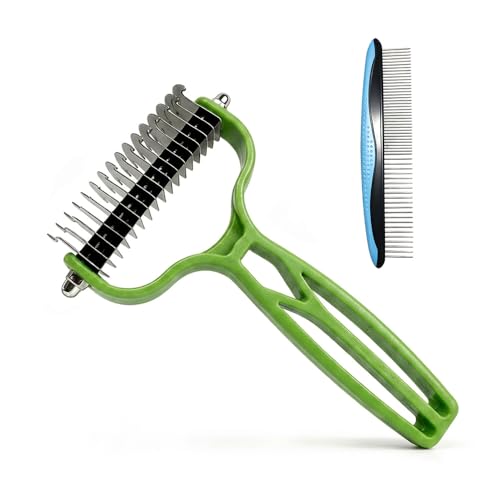 Double Sided Dematting Comb for Cats & Dogs, Undercoat Rake, Safe Deshedding Grooming Tool, Gentle Matt Remover Detangler for Long Thick Haired Pets, Ergonomic Pet Grooming Brush (Green) - color: Green