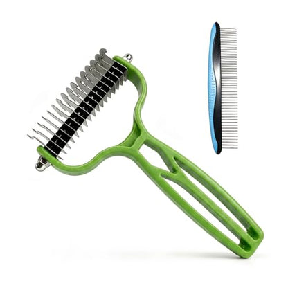 Double Sided Dematting Comb for Cats & Dogs, Undercoat Rake, Safe Deshedding Grooming Tool, Gentle Matt Remover Detangler for Long Thick Haired Pets, Ergonomic Pet Grooming Brush (Green) - color: Green