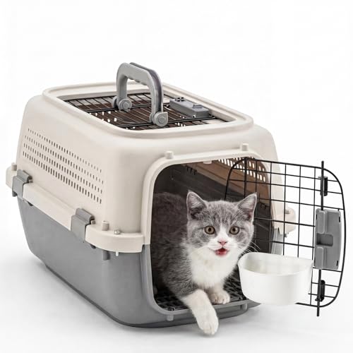 NEWBULIG 23" Hard-Sided Dog Carrier, Plastic Cat & Dog Crate, 4-Sided Ventilation Travel Pet Kennel, Top & Front Door Access, Integrated Food Bowl, for Small Pets up to 22 lbs, Beige & Grey - color: Beige & Grey, size: 22.4"L x 14.6"W x 13.0"H