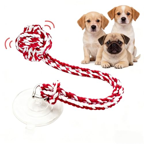 Interactive Dog Toy with Suction Cup, Rope Ball & Built-in Bell, Red White | Tug-of-War Interactive Play|Supports Puppy Teething & Healthy Chewing|Designed for Small Dogs|Solo Indoor Enrichment Toy - color: Red White(with Built-in Bell)