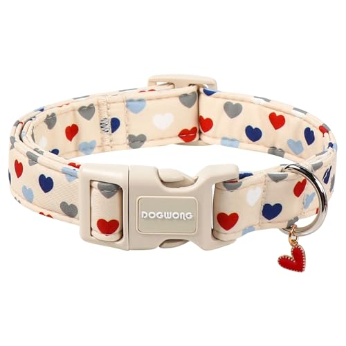 DOGWONG Valentine's Dog Collar-Hearts Print Dog Collar for Large Cute Dog Collars Spring Female Male Pet Gift Adjustable Heavy-Duty Soft Collar，XS - color: A: Beige Heart, size: X-Small
