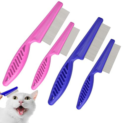CAPHONT Flea Comb for Cats with Handle, 4 Pcs Flea Brush Tear Stain Comb Grooming Face and Matted Hair Paws Pet Lice Comb for Small, Medium & Large Cat Dog Kitten Rabbit - color: Blue&Pink 4P