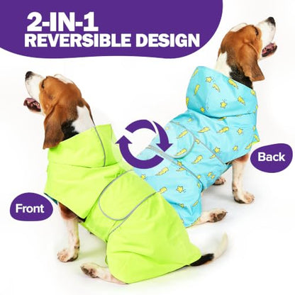 Kimee Dog Raincoat Reversible, Single Side Slicker Poncho Adjustable Waterproof Dog Rain Jacket with Leash Hole/Reflective Stripe Hooded Snowproof Windproof Clothes for Medium to 2X-Large Dogs, 2XL - color: Neon Green, size: 2X-Large