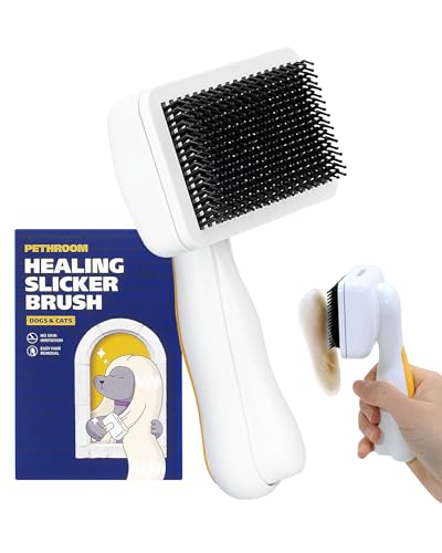 PETHROOM Self-Cleaning Slicker Brush for Dogs & Cats – Gentle Grooming & Deshedding Tool, Removes Mats & Tangles, Skin-Friendly Coated Tips, One-Touch Hair Removal Button
