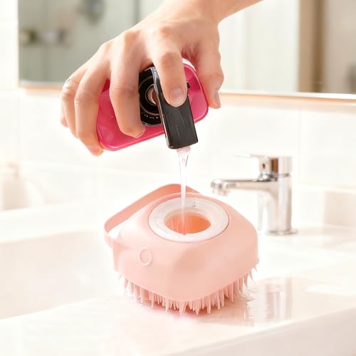 Silicone Dog Bath Brush – Dog Grooming Shampoo Scrubber with Soap Dispenser, Perfect for Shedding, Bathing, and Grooming, Ideal for Short and Long-Haired Dogs, Pink - color: pink