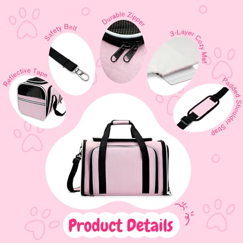 Double Expandable Cat Carrier,Airline Approved Soft-Sided Pet Travel Carrier for Small Dogs Cats under 15 lbs,Waterproof 600D Oxford Fabric with Washable Replacement Liner,Odor-Free & Claw-Proof(Pink) - color: Pink