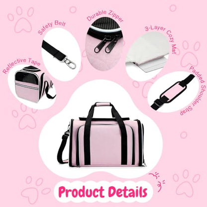 Double Expandable Cat Carrier,Airline Approved Soft-Sided Pet Travel Carrier for Small Dogs Cats under 15 lbs,Waterproof 600D Oxford Fabric with Washable Replacement Liner,Odor-Free & Claw-Proof(Pink) - color: Pink