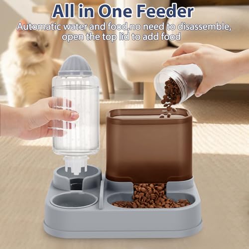 Yummy Sam Automatic Small Pet Feeder and Water Dispenser, 2 in 1 Gravity Cat Auto Pet Feeder and Waterer Set Feeder Dish for Small Medium Pets Dog Puppy Kitten (Brown·) - color: Brown·
