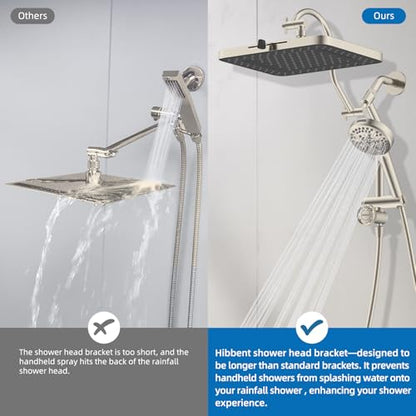 Hibbent cUPC Certified 13'' Shower Head Combo, High Pressure 5 Spray Rainfall Showerhead, 10 Spray Handheld, All Metal Easy Reach 4-way Diverter Arm with Pause Mode, 71'' Hose & Holder, Brushed Nickel - color: Brushed Nickel, style: Square 13"