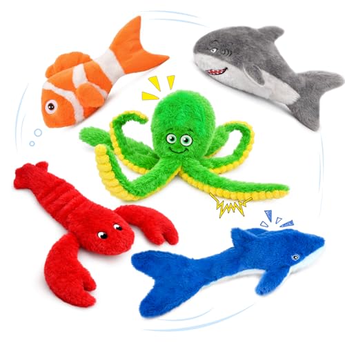 No Stuffing Squeaky Crinkle Dog Toys, 5-Pack Ocean Animal Plush Set | For puppies and small, medium & large dogs | full-body crinkle and squeaker in every toy | easy to carry, toss and shake - color: Ocean