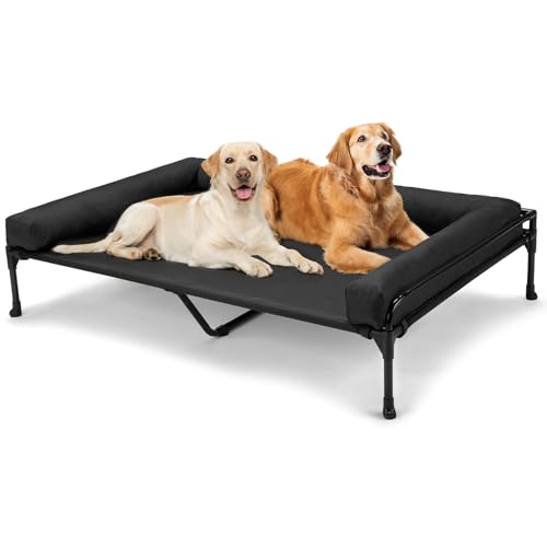 Veehoo Elevated Raised Dog Bed-Cooling Outdoor Dog Cot Bed for Large Sized Dogs Three-Sided Fence Raised Pet Cot with Mesh & No-Slip Feet Dog Hammock Bed with Removable Bolster-47 x 29" Black - color: Black, size: 47.0"L x 29.0"W x 13.0"Th