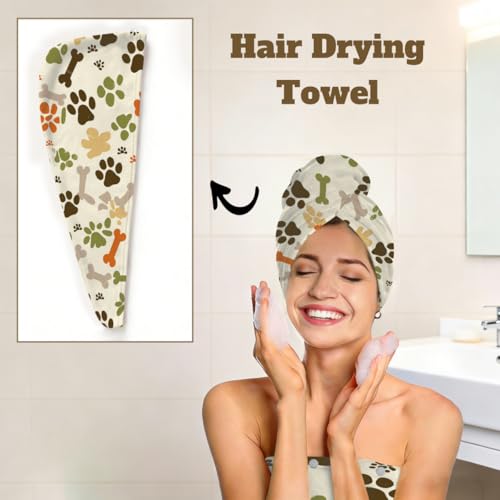 Dog Paw Prints Bones Microfiber Bathrobe and Hair Towel Wrap Set for Women Quick Dry Shower Towels Wrap Absorbent Soft Bath Robe and Hair Drying Cap for Spa After Shower