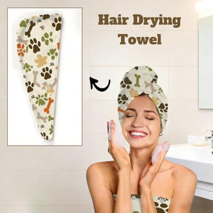 Dog Paw Prints Bones Microfiber Bathrobe and Hair Towel Wrap Set for Women Quick Dry Shower Towels Wrap Absorbent Soft Bath Robe and Hair Drying Cap for Spa After Shower